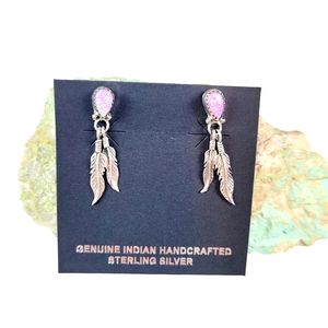 Pink Opal Feather Earrings Sterling Silver Native American Handmade